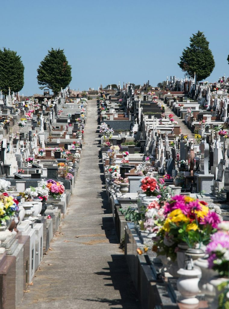 Row of tombstones in a grave yard on a bright sunny day against blue sky, busy, cluttered